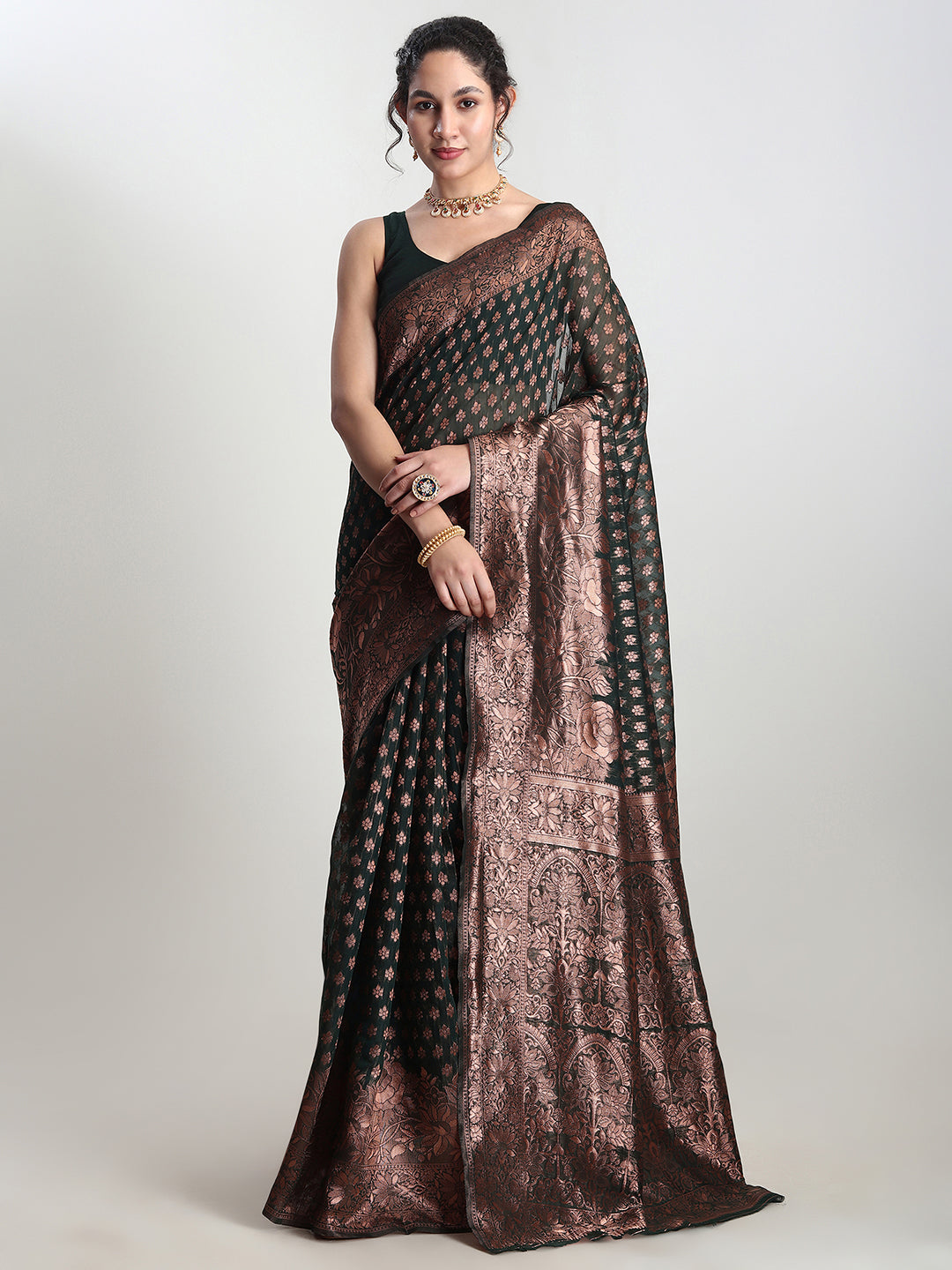 Janasya Dark Green Silk Blend Floral Jacquard Saree | Grocsy