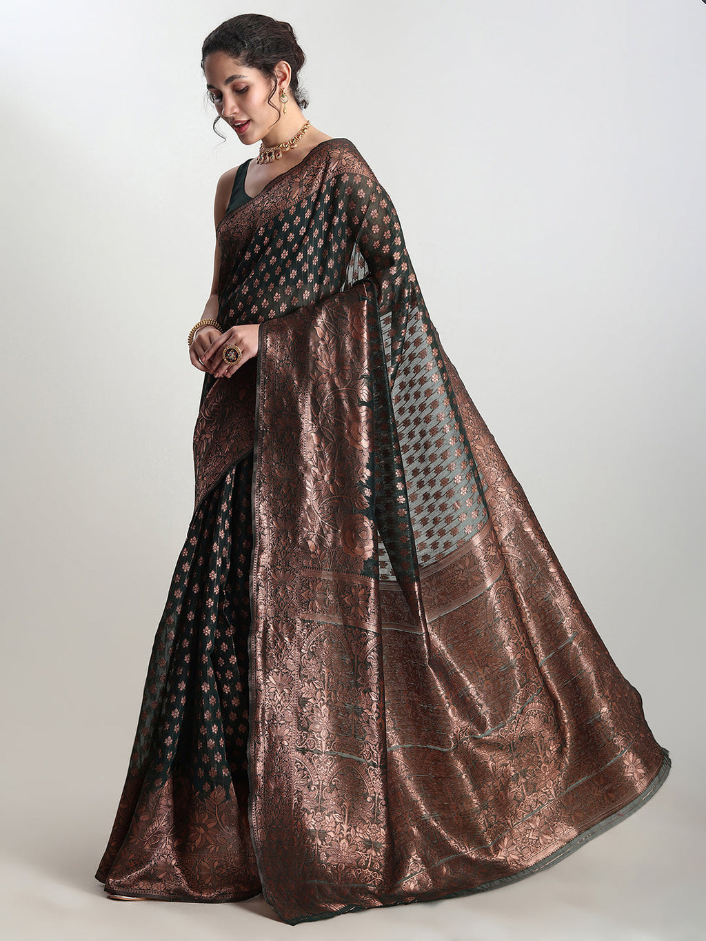 Janasya Dark Green Silk Blend Floral Jacquard Saree | Grocsy