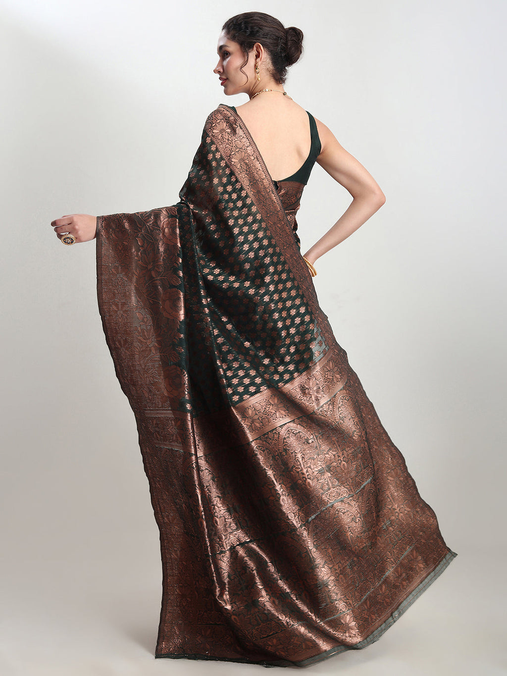Janasya Dark Green Silk Blend Floral Jacquard Saree | Grocsy