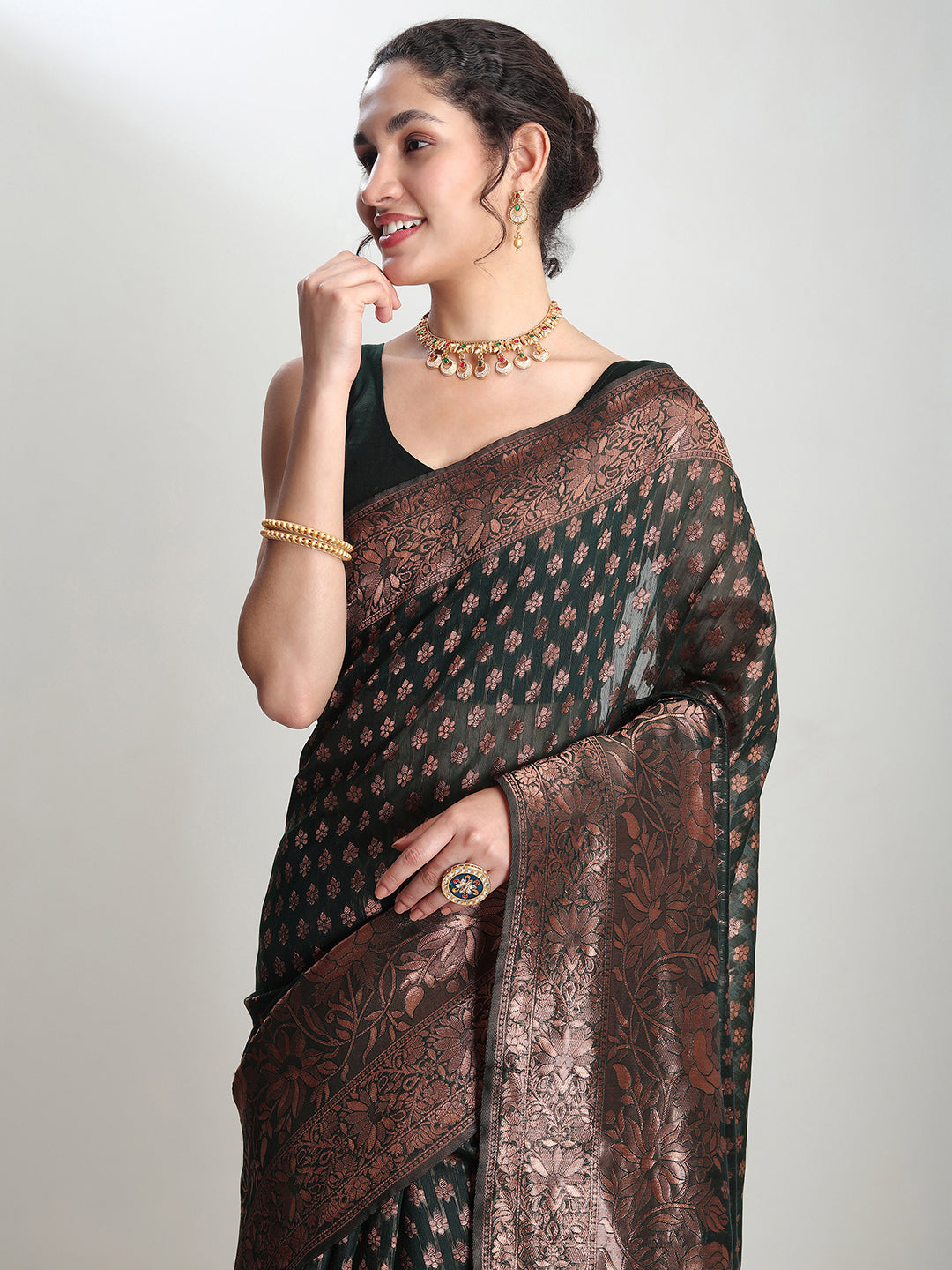Janasya Dark Green Silk Blend Floral Jacquard Saree | Grocsy