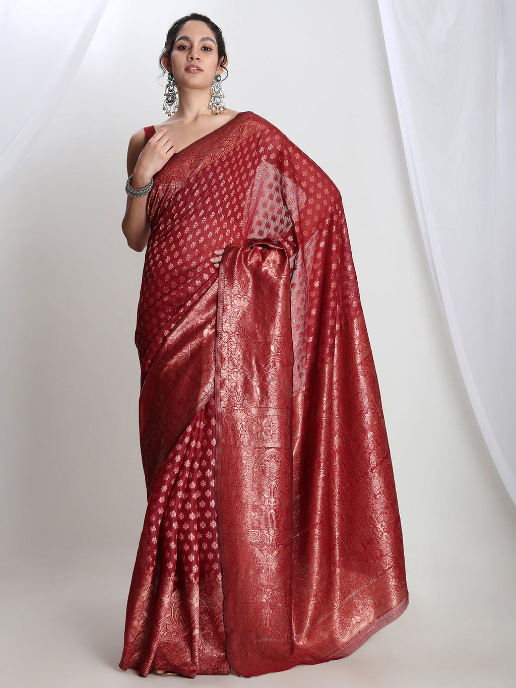 Janasya Red Silk Blend Floral Jacquard Saree | Grocsy