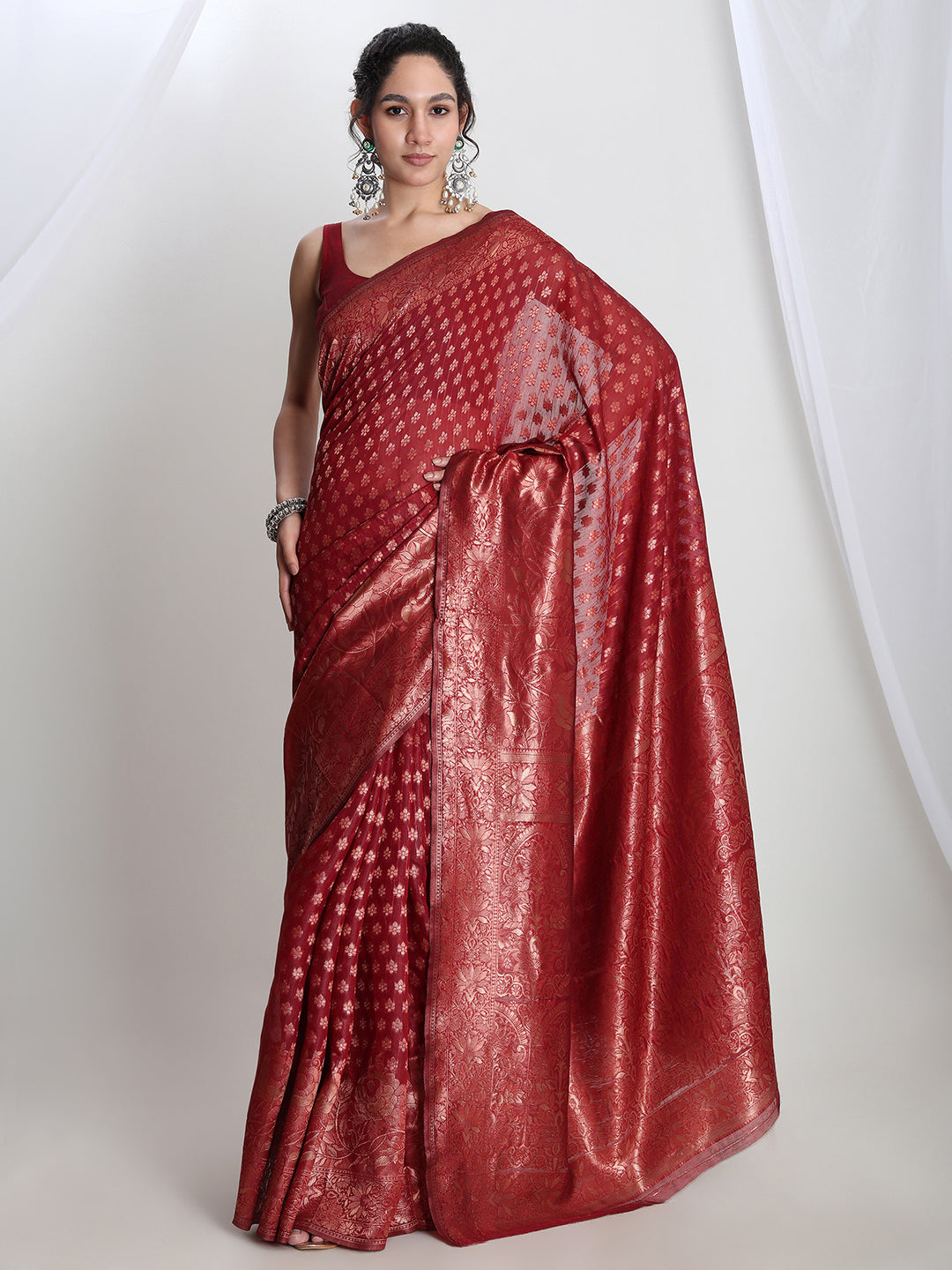 Janasya Red Silk Blend Floral Jacquard Saree | Grocsy
