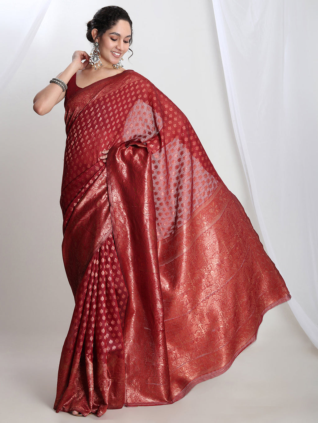 Janasya Red Silk Blend Floral Jacquard Saree | Grocsy