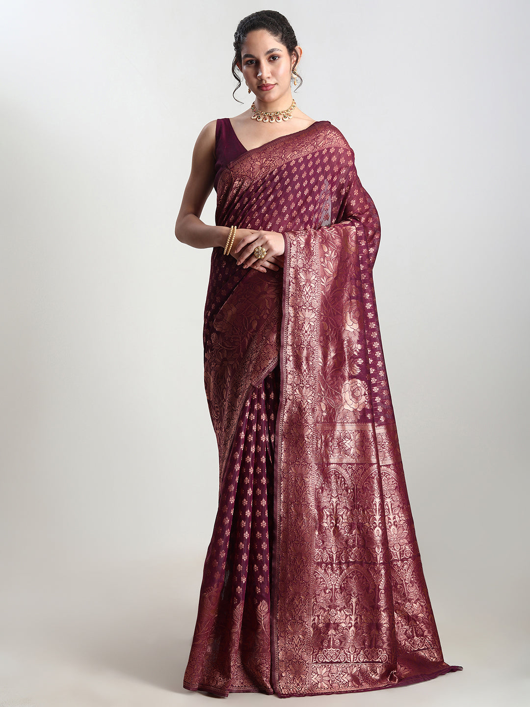 Janasya Purple Silk Blend Floral Jacquard Saree | Grocsy