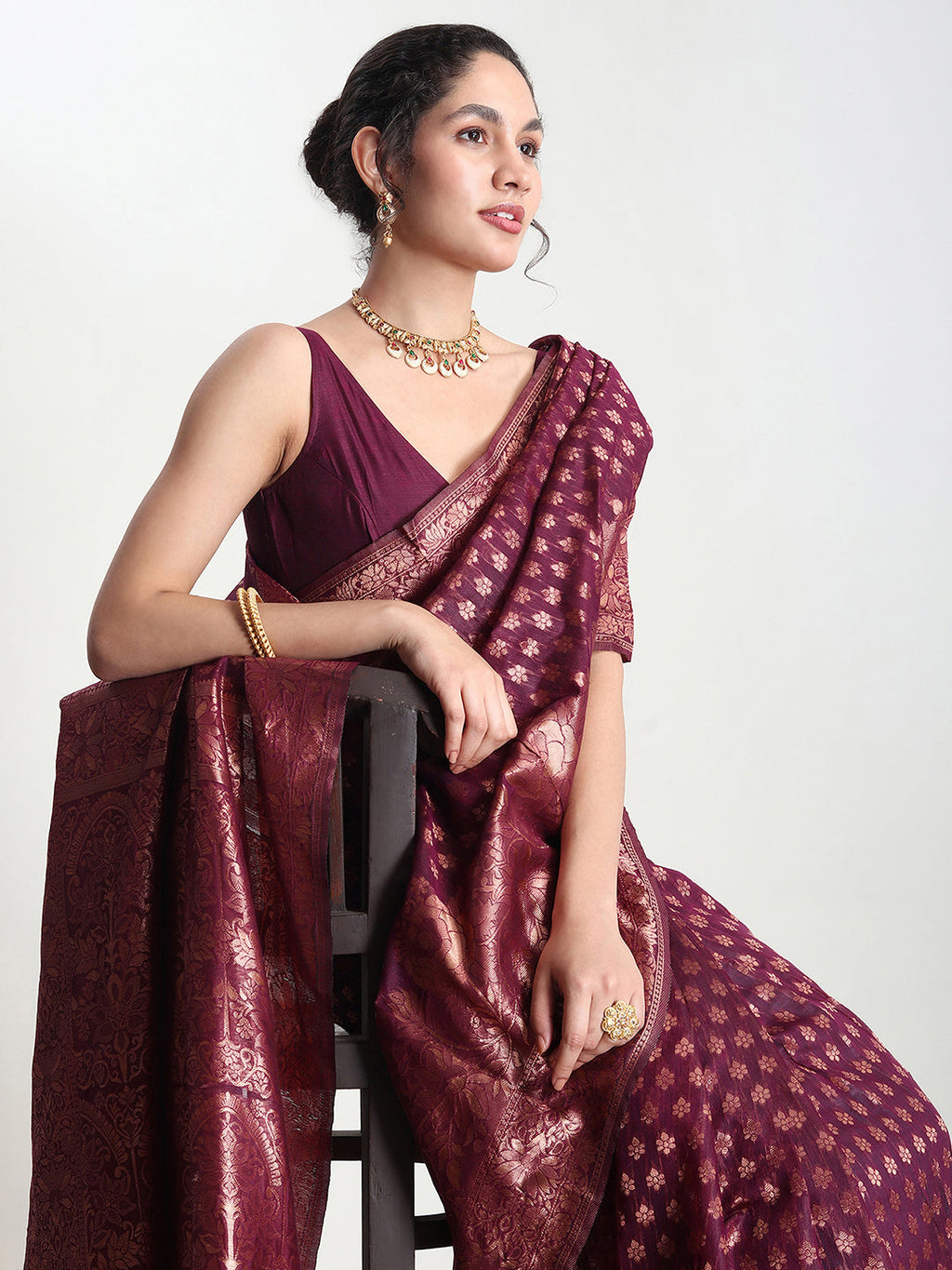 Janasya Purple Silk Blend Floral Jacquard Saree | Grocsy