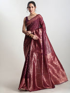 Janasya Purple Silk Blend Floral Jacquard Saree | Grocsy