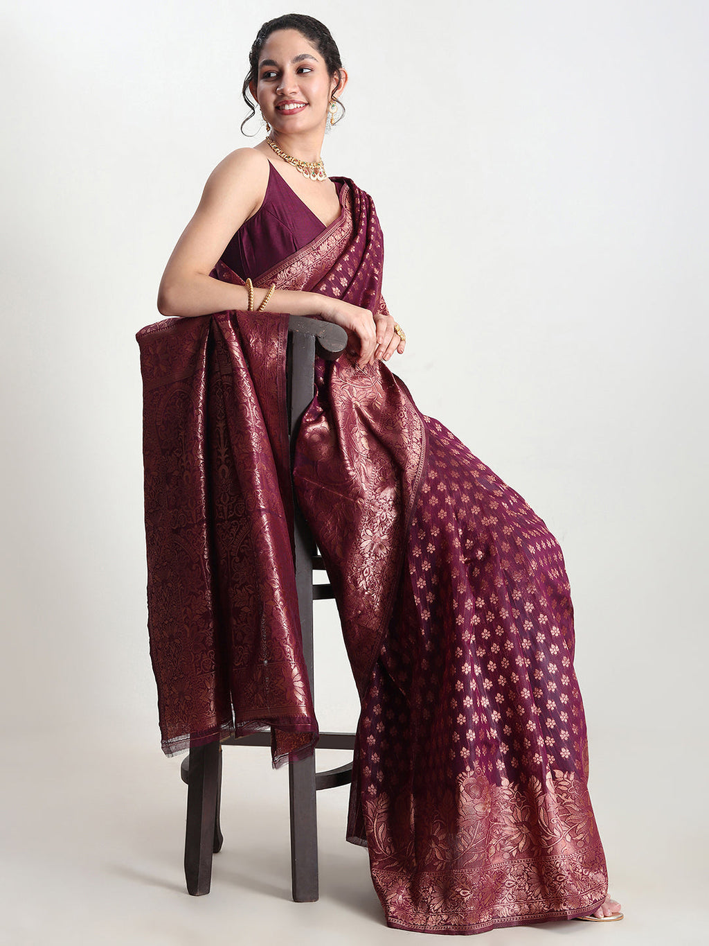 Janasya Purple Silk Blend Floral Jacquard Saree | Grocsy