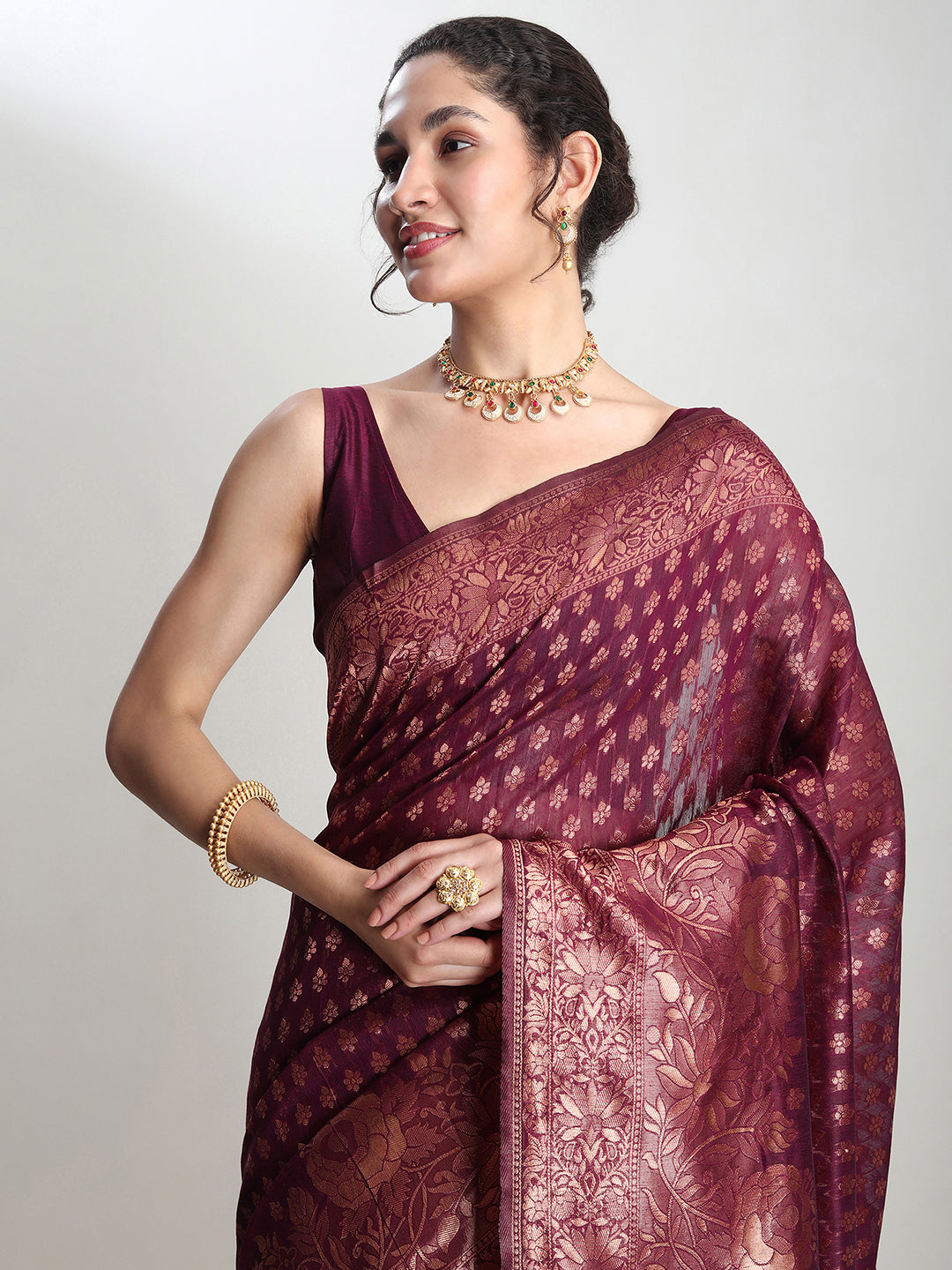 Janasya Purple Silk Blend Floral Jacquard Saree | Grocsy