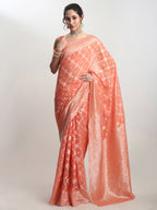 Janasya Peach Silk Blend Geometric Jacquard Saree | Grocsy