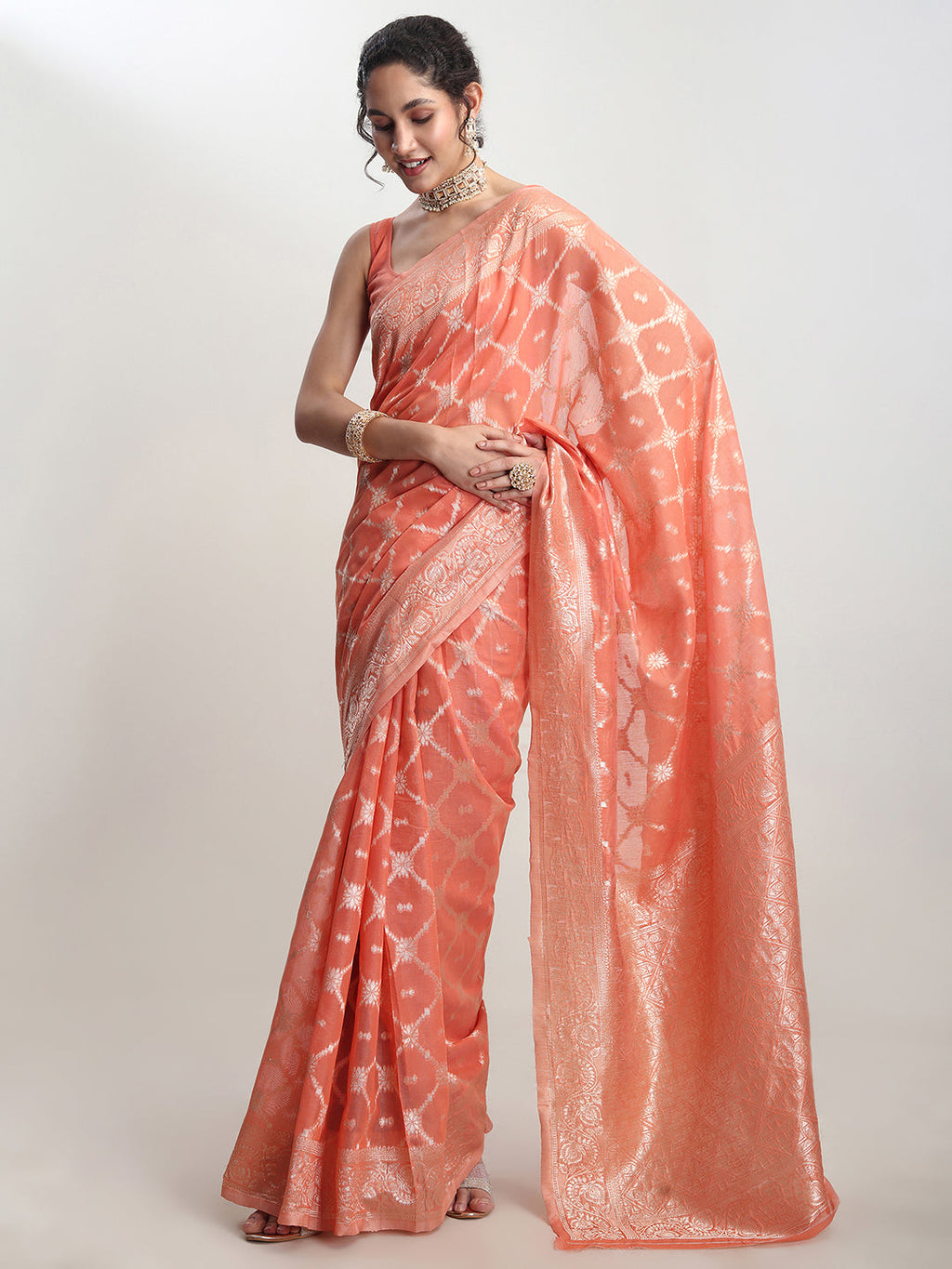 Janasya Peach Silk Blend Geometric Jacquard Saree | Grocsy