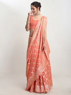 Janasya Peach Silk Blend Geometric Jacquard Saree | Grocsy