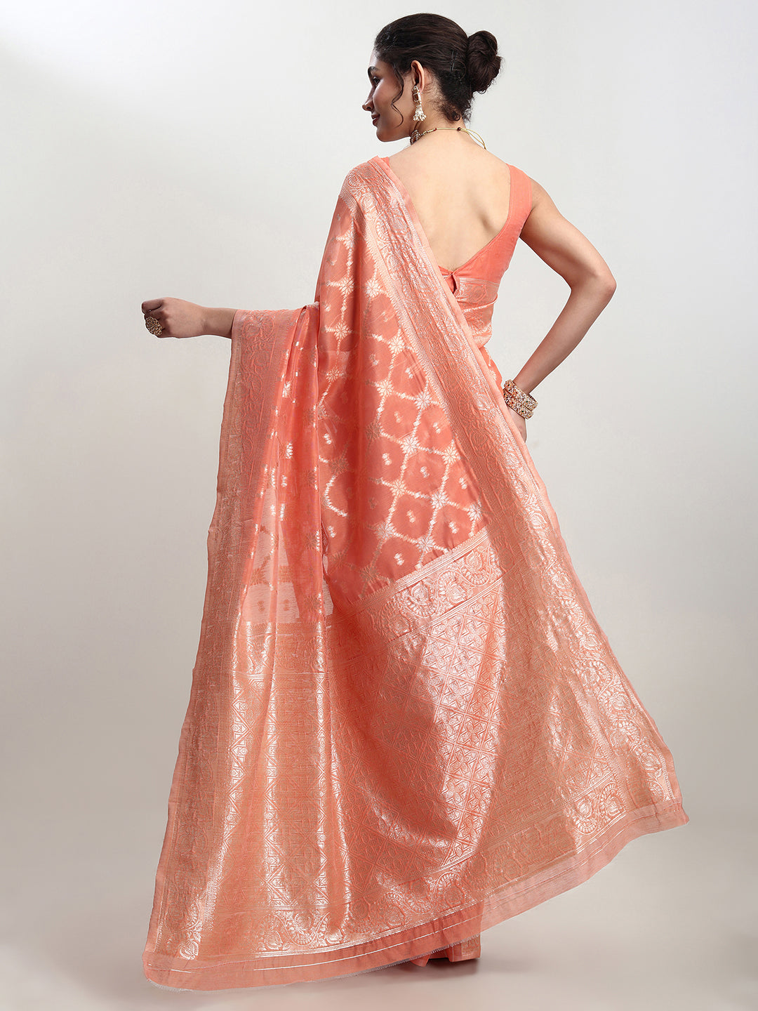 Janasya Peach Silk Blend Geometric Jacquard Saree | Grocsy