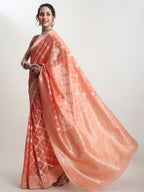 Janasya Peach Silk Blend Geometric Jacquard Saree | Grocsy