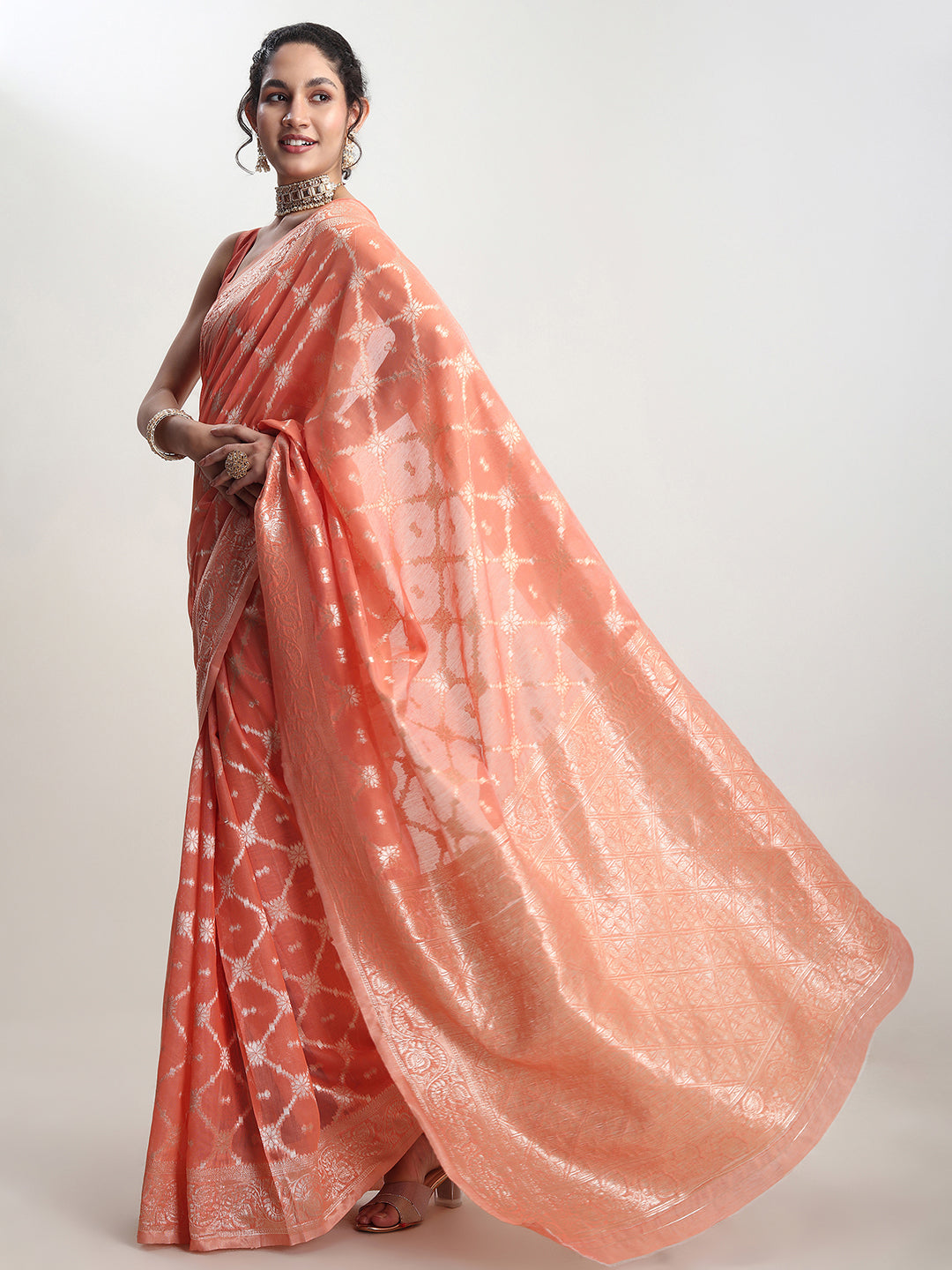 Janasya Peach Silk Blend Geometric Jacquard Saree | Grocsy