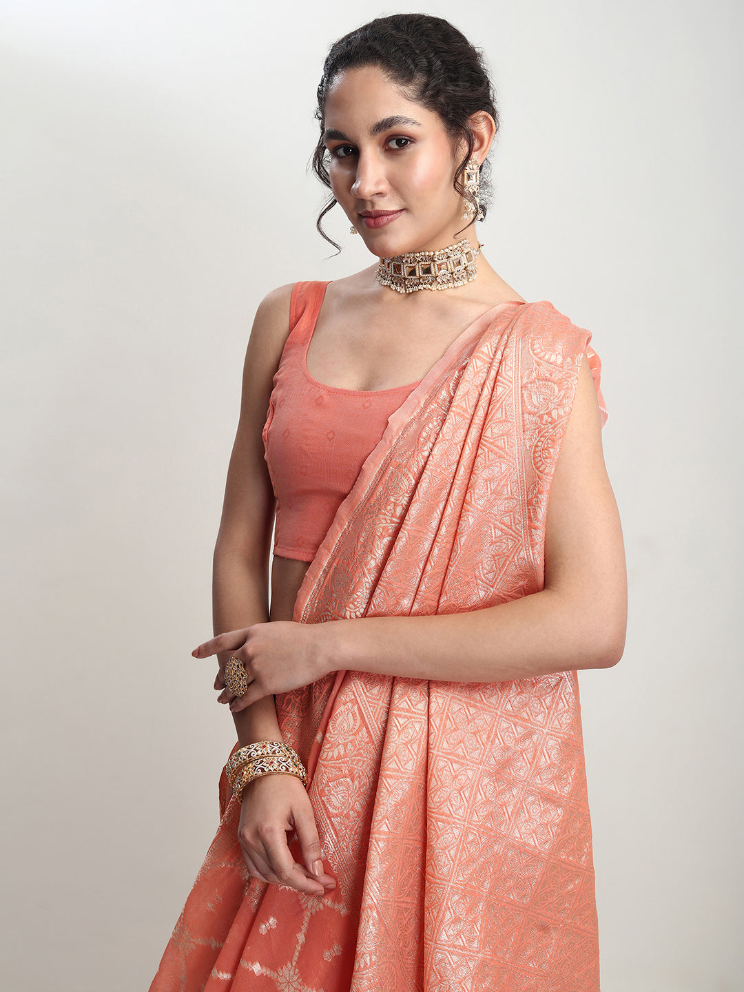 Janasya Peach Silk Blend Geometric Jacquard Saree | Grocsy