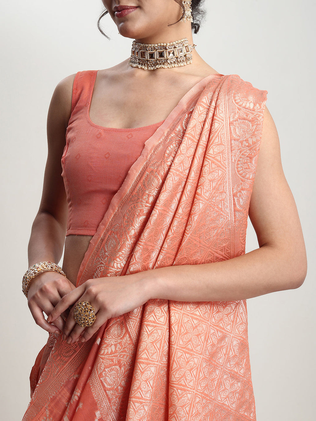 Janasya Peach Silk Blend Geometric Jacquard Saree | Grocsy