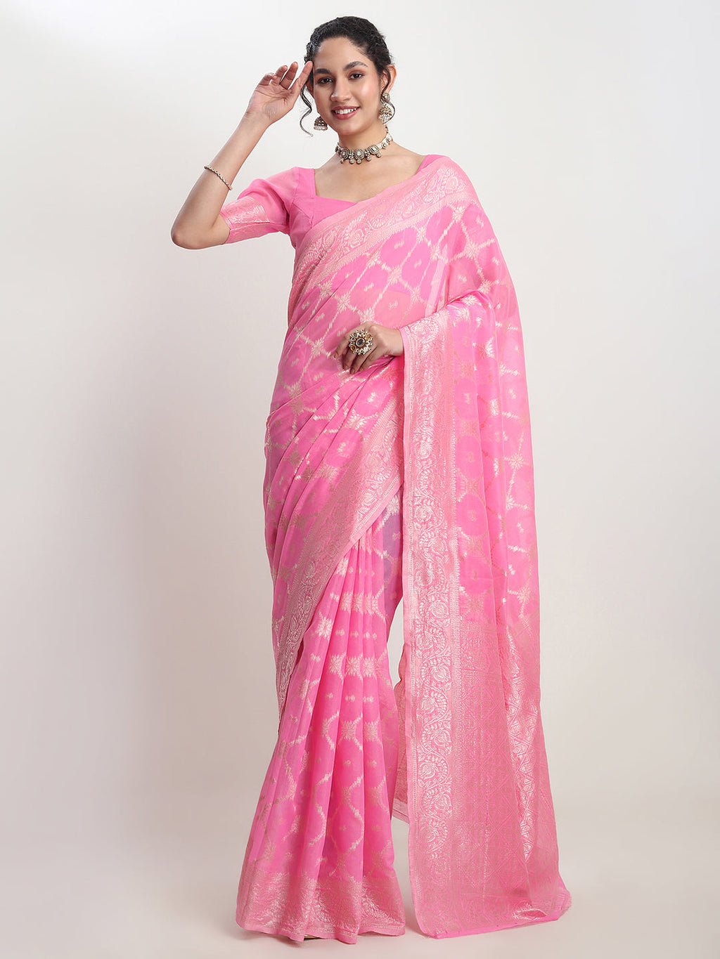 Janasya Pink Silk Blend Geometric Jacquard Saree | Grocsy