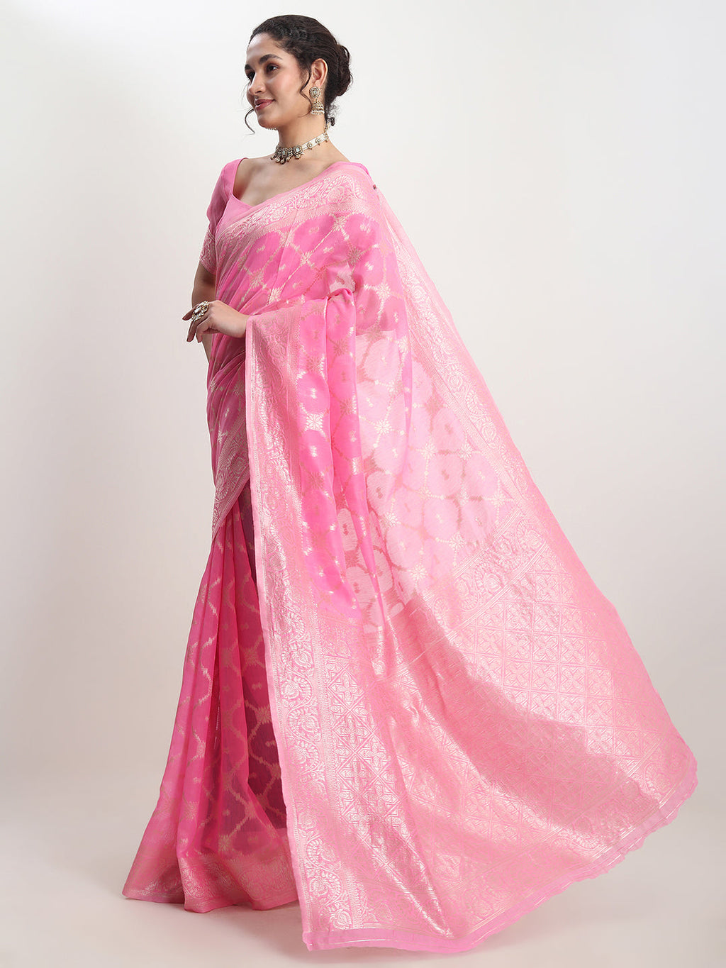 Janasya Pink Silk Blend Geometric Jacquard Saree | Grocsy