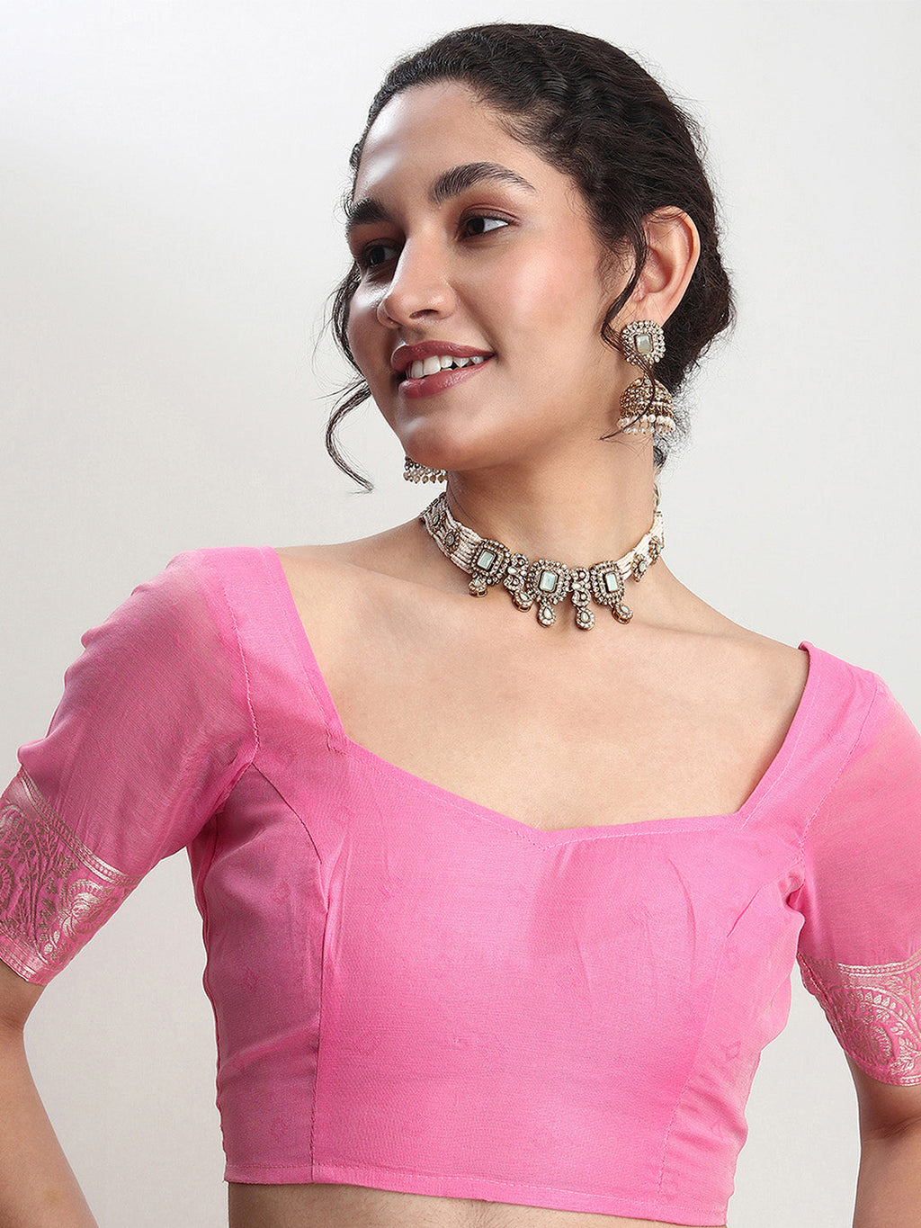 Janasya Pink Silk Blend Geometric Jacquard Saree | Grocsy