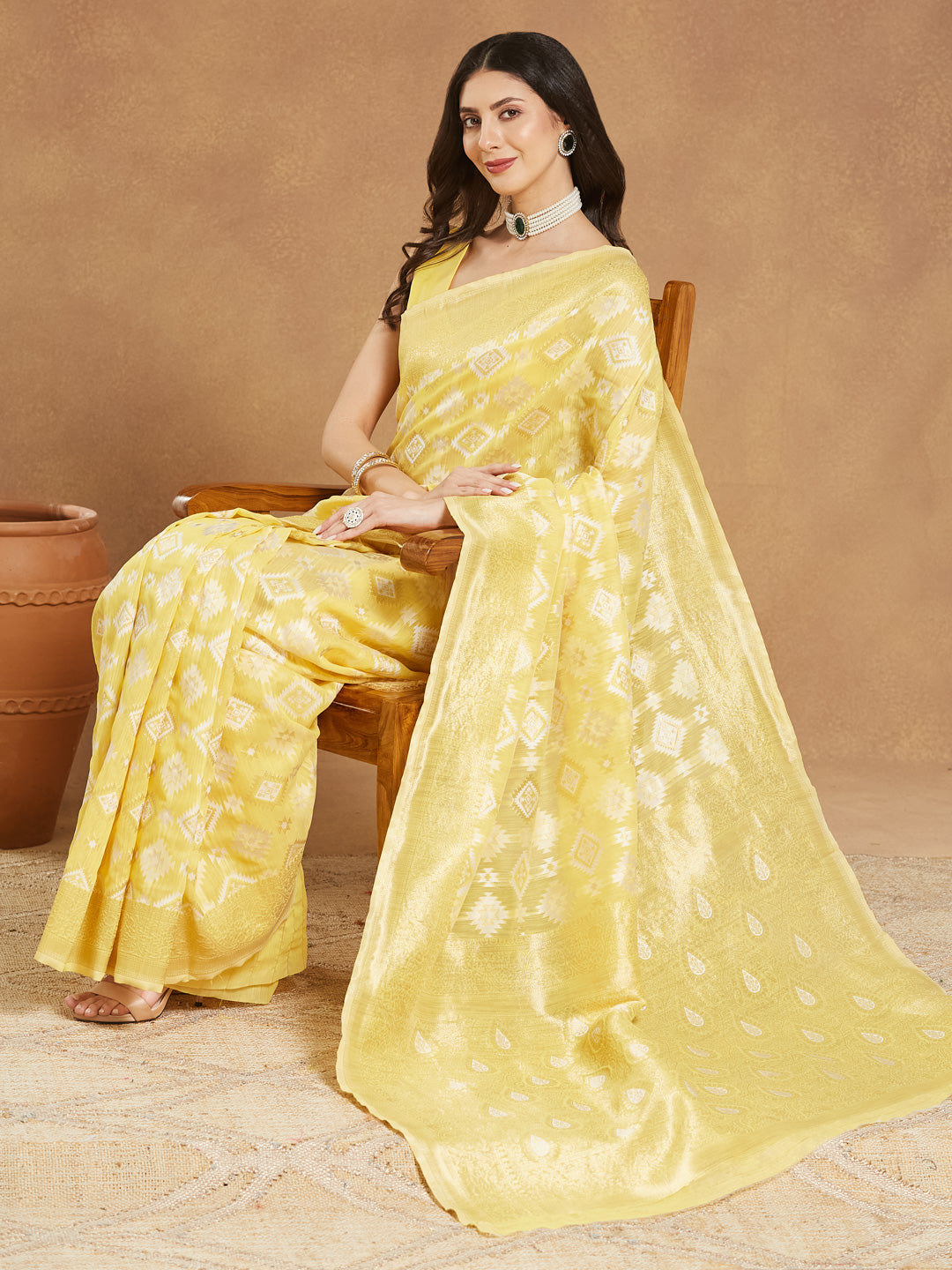 Janasya Yellow Silk Blend Geometric Jacquard Saree | Grocsy