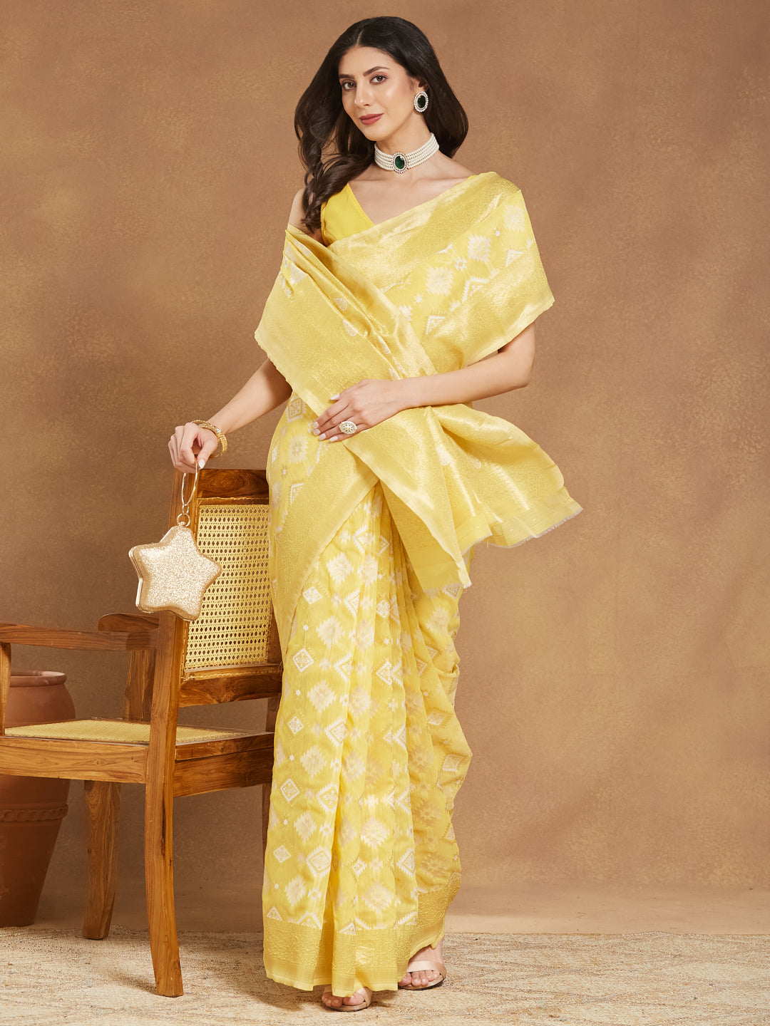 Janasya Yellow Silk Blend Geometric Jacquard Saree | Grocsy