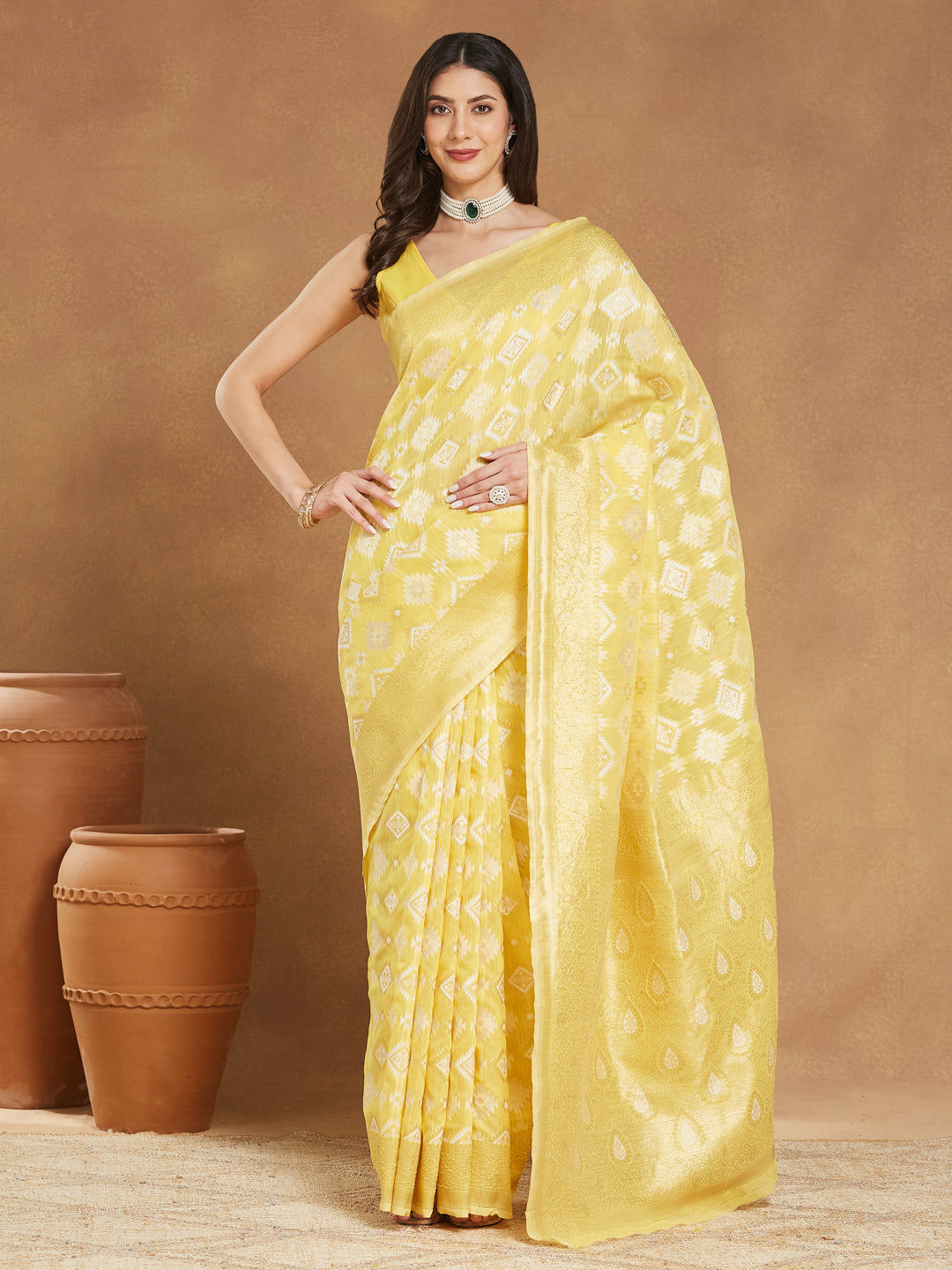 Janasya Yellow Silk Blend Geometric Jacquard Saree | Grocsy
