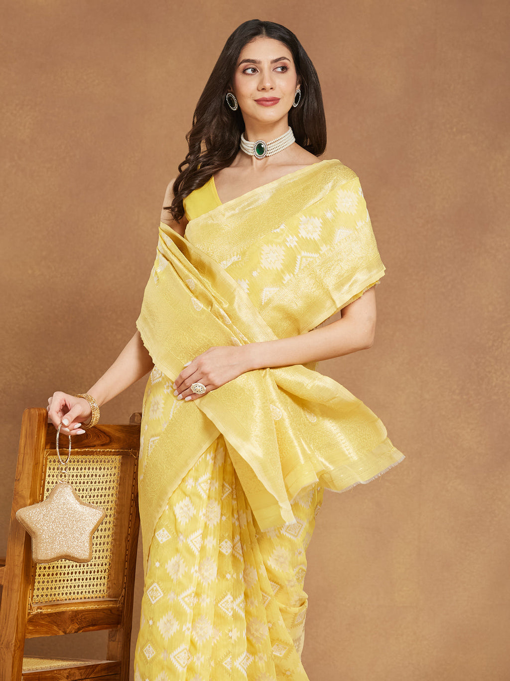 Janasya Yellow Silk Blend Geometric Jacquard Saree | Grocsy