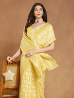 Janasya Yellow Silk Blend Geometric Jacquard Saree | Grocsy