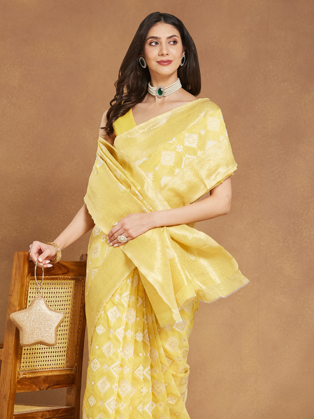Janasya Yellow Silk Blend Geometric Jacquard Saree | Grocsy