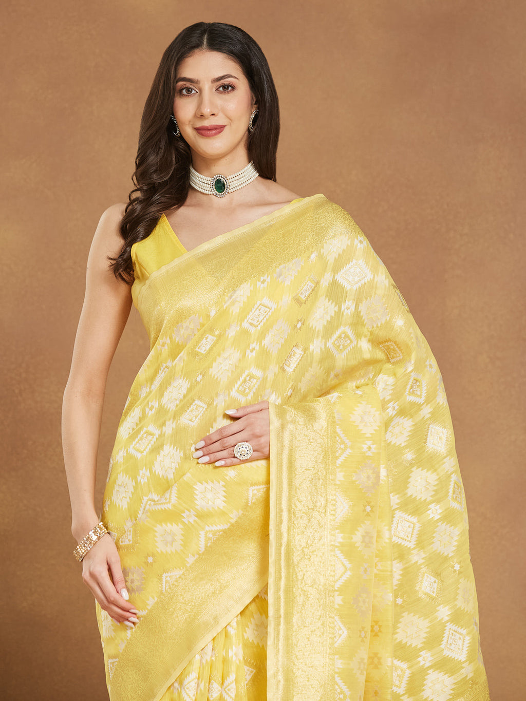 Janasya Yellow Silk Blend Geometric Jacquard Saree | Grocsy