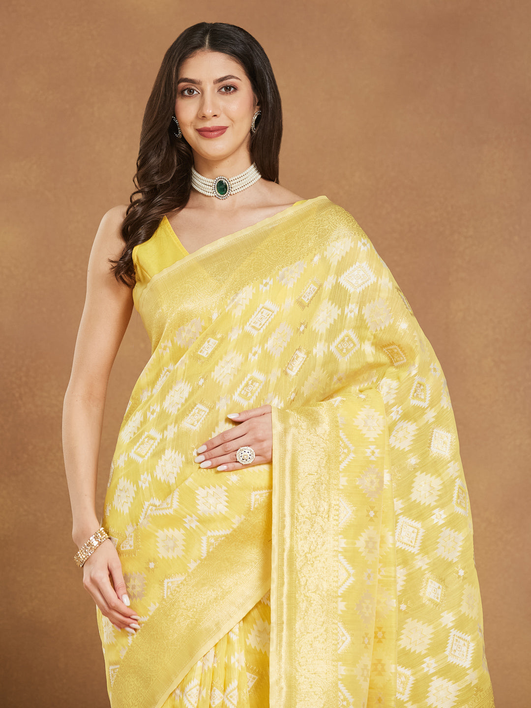 Janasya Yellow Silk Blend Geometric Jacquard Saree | Grocsy