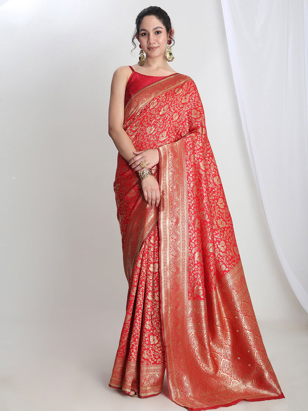 Janasya Red Silk Blend Floral Jacquard Saree | Grocsy