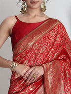 Janasya Red Silk Blend Floral Jacquard Saree | Grocsy