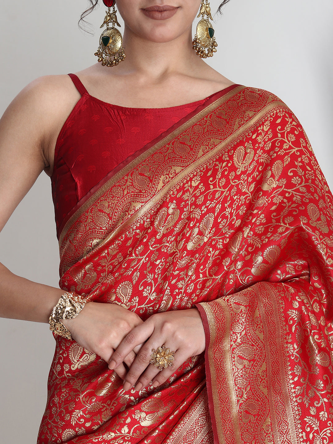 Janasya Red Silk Blend Floral Jacquard Saree | Grocsy