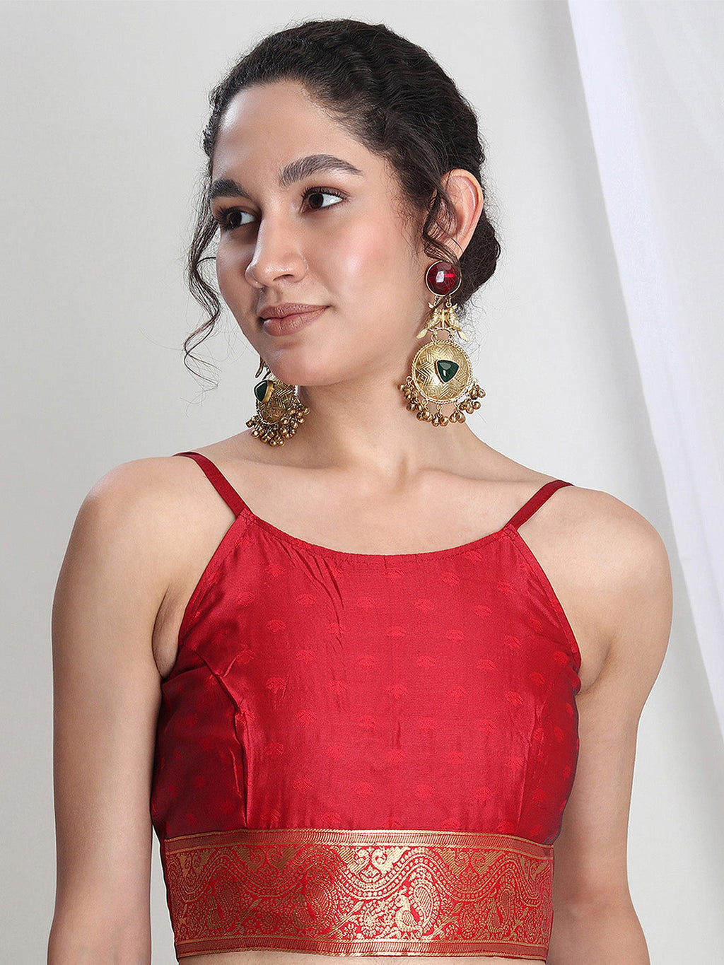 Janasya Red Silk Blend Floral Jacquard Saree | Grocsy