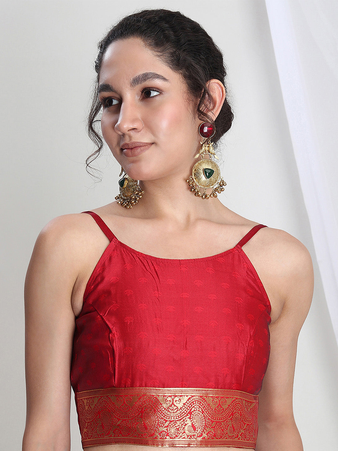 Janasya Red Silk Blend Floral Jacquard Saree | Grocsy