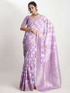 Janasya Lavender Silk Blend Geometric Jacquard Saree | Grocsy
