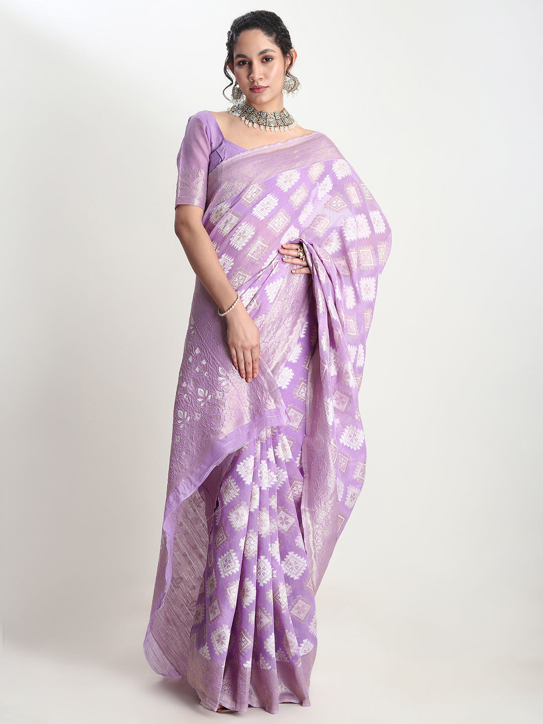 Janasya Lavender Silk Blend Geometric Jacquard Saree | Grocsy