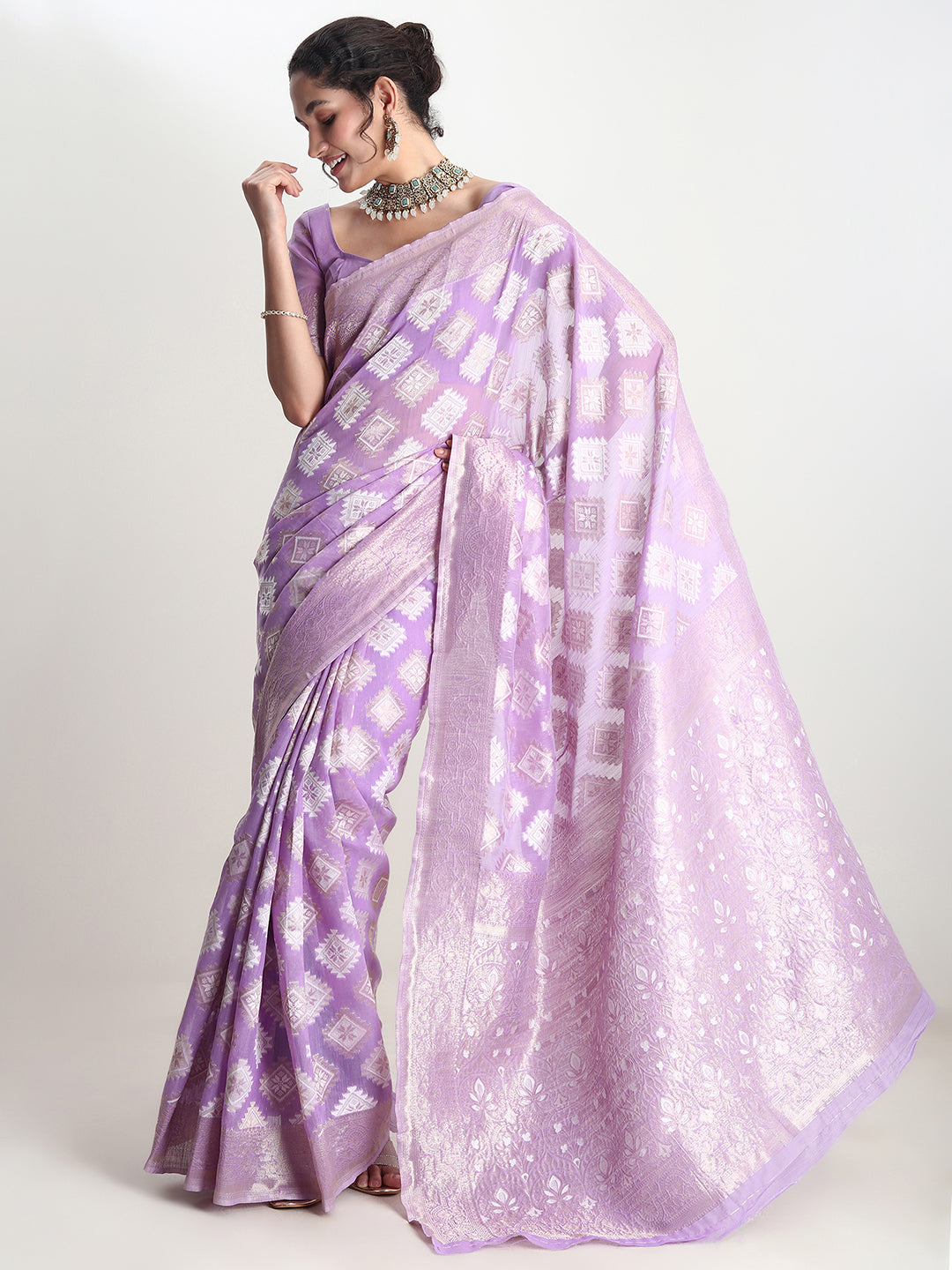 Janasya Lavender Silk Blend Geometric Jacquard Saree | Grocsy
