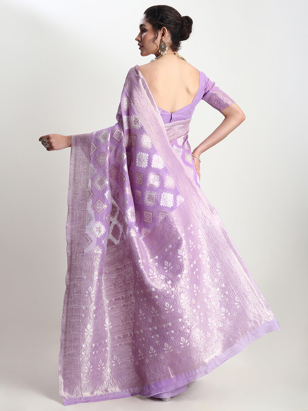 Janasya Lavender Silk Blend Geometric Jacquard Saree | Grocsy