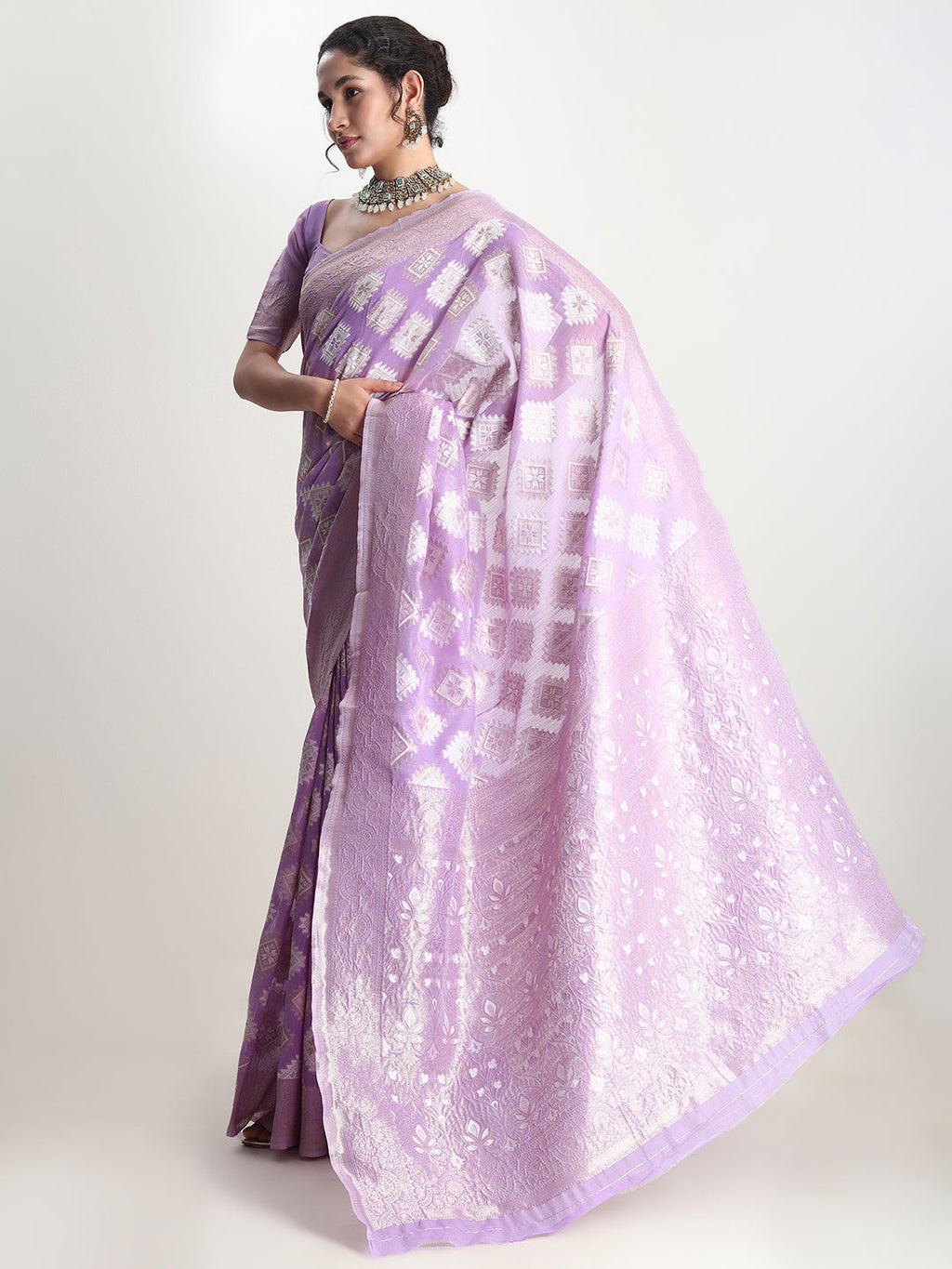 Janasya Lavender Silk Blend Geometric Jacquard Saree | Grocsy