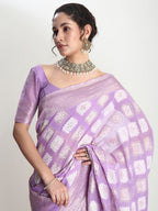 Janasya Lavender Silk Blend Geometric Jacquard Saree | Grocsy