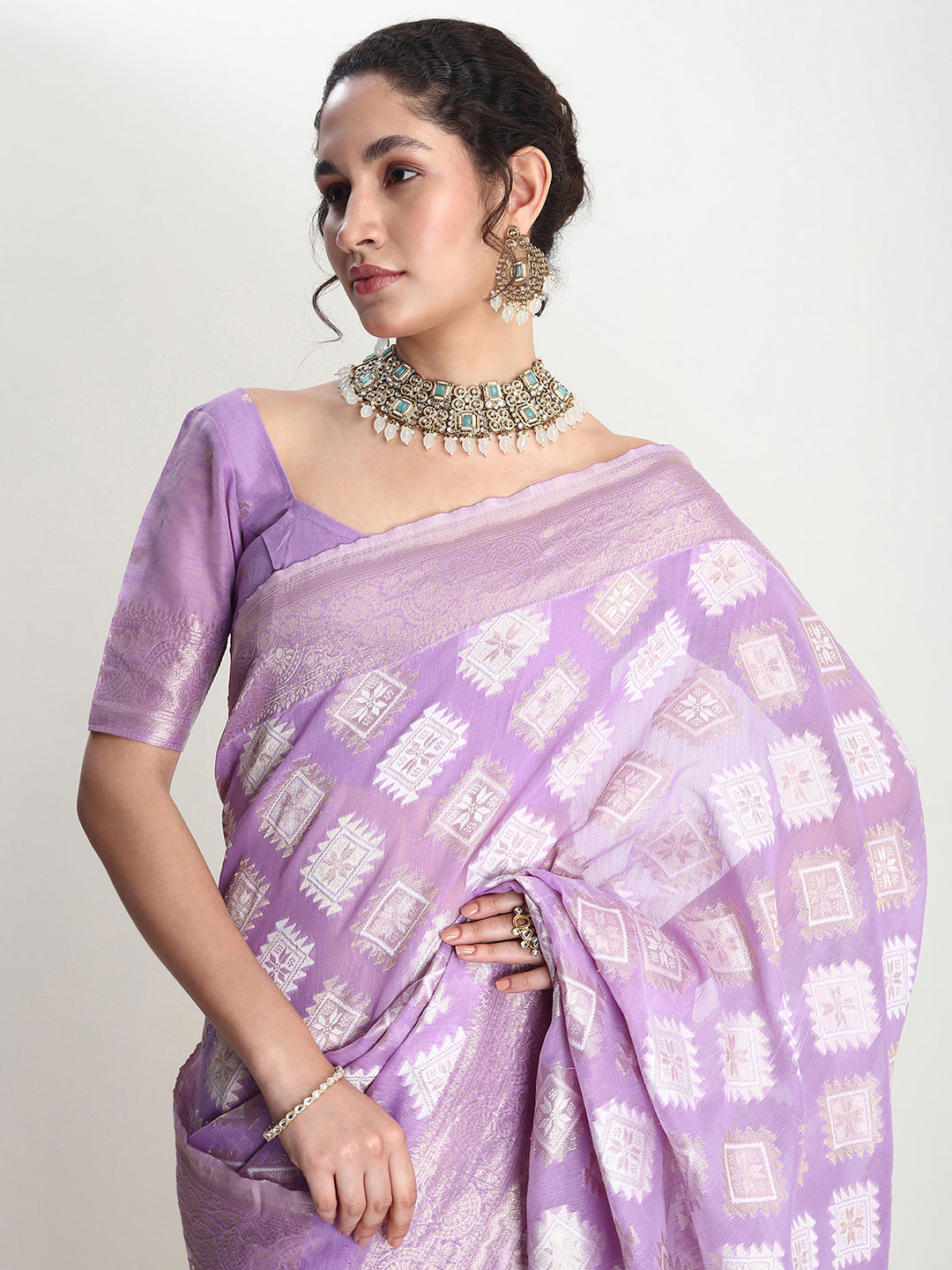 Janasya Lavender Silk Blend Geometric Jacquard Saree | Grocsy