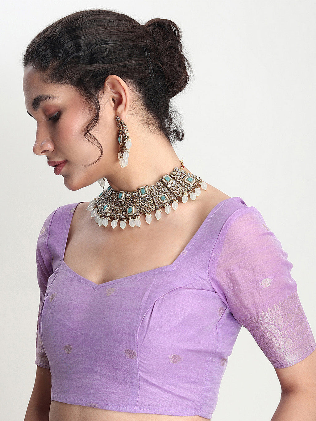 Janasya Lavender Silk Blend Geometric Jacquard Saree | Grocsy