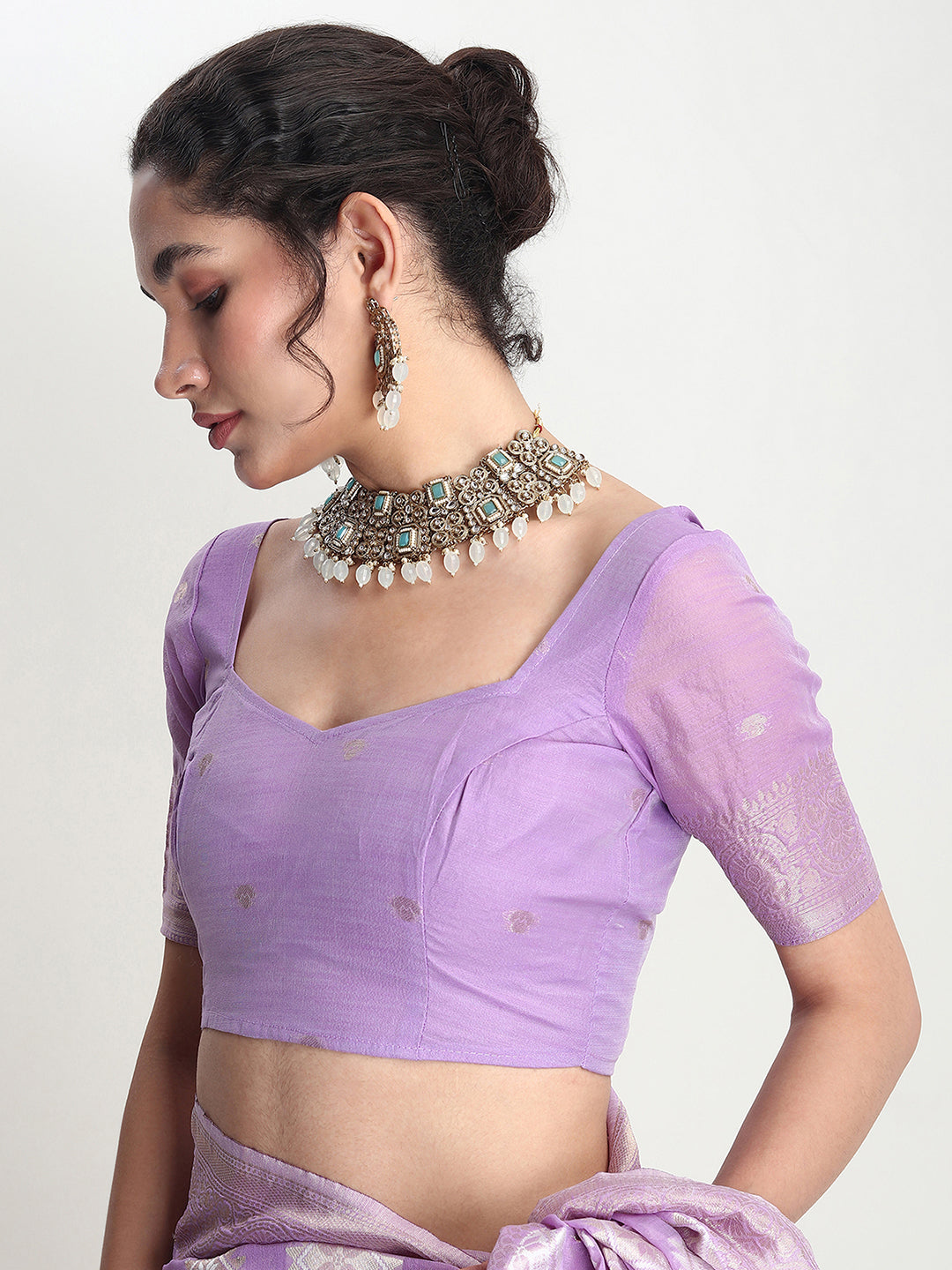 Janasya Lavender Silk Blend Geometric Jacquard Saree | Grocsy