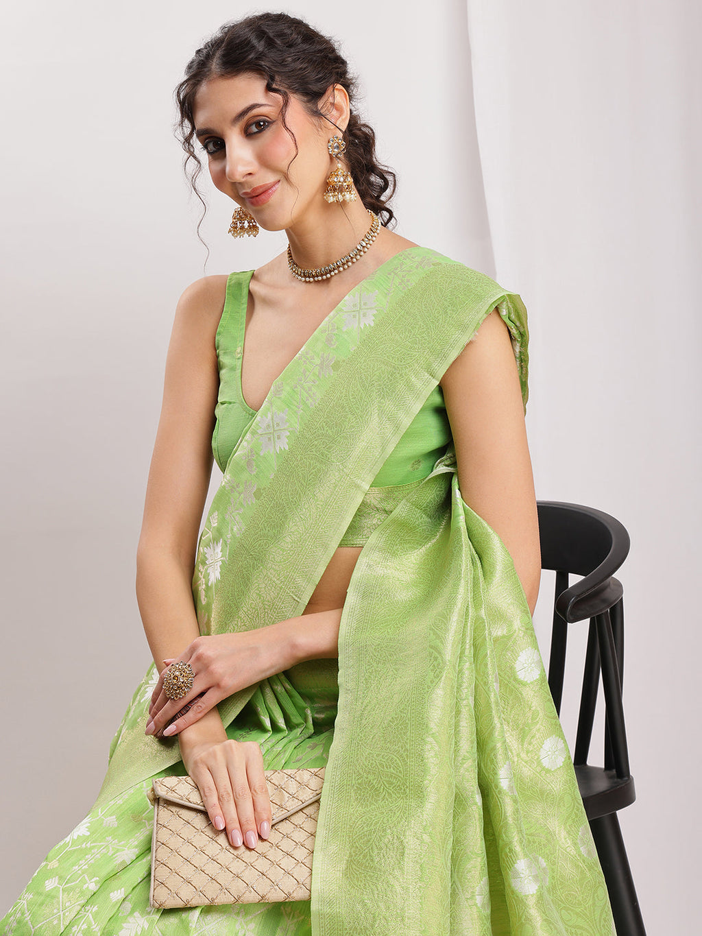Janasya Green Silk Blend Geometric Jacquard Saree | Grocsy
