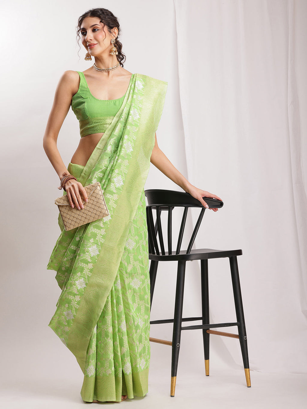 Janasya Green Silk Blend Geometric Jacquard Saree | Grocsy