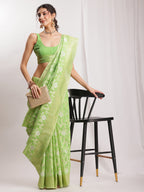 Janasya Green Silk Blend Geometric Jacquard Saree | Grocsy