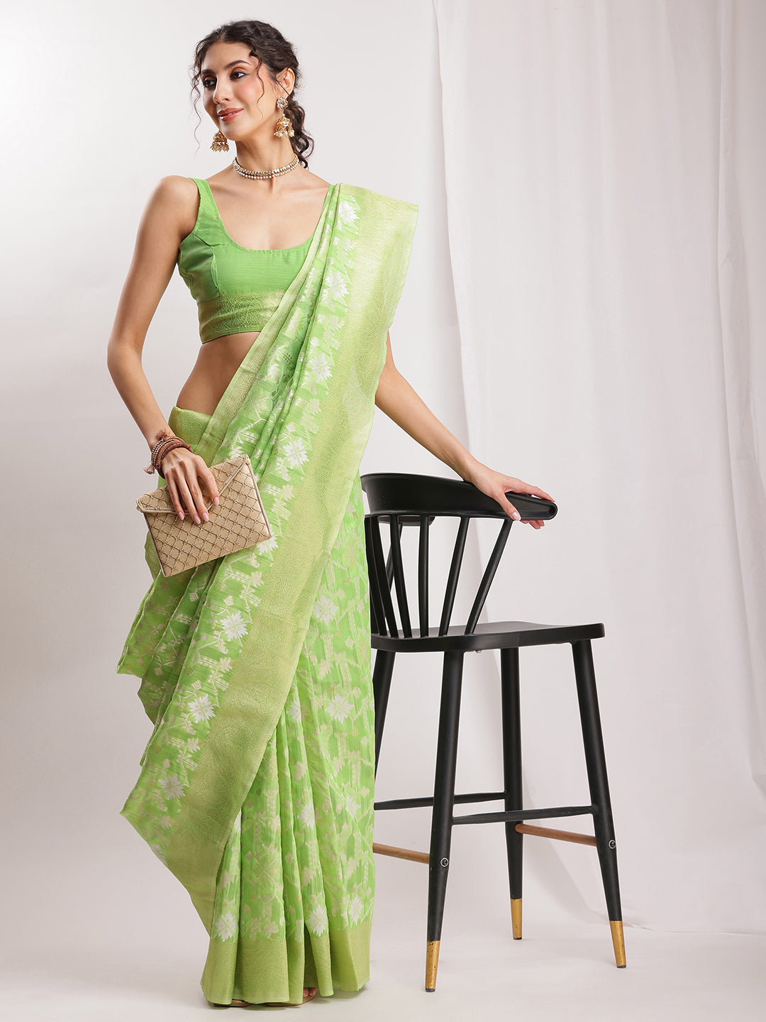 Janasya Green Silk Blend Geometric Jacquard Saree | Grocsy