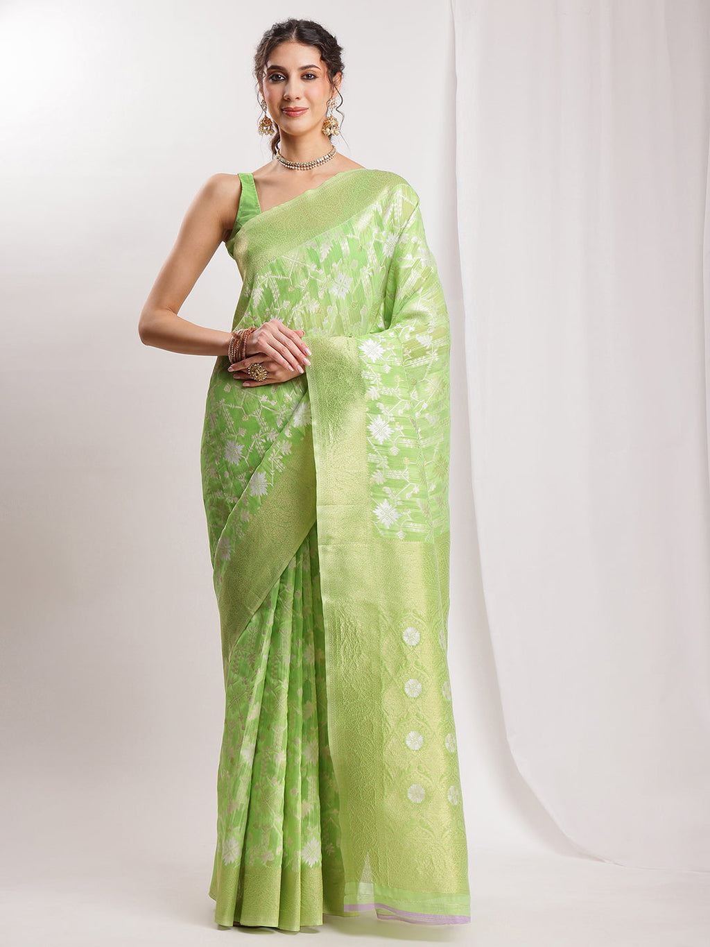 Janasya Green Silk Blend Geometric Jacquard Saree | Grocsy